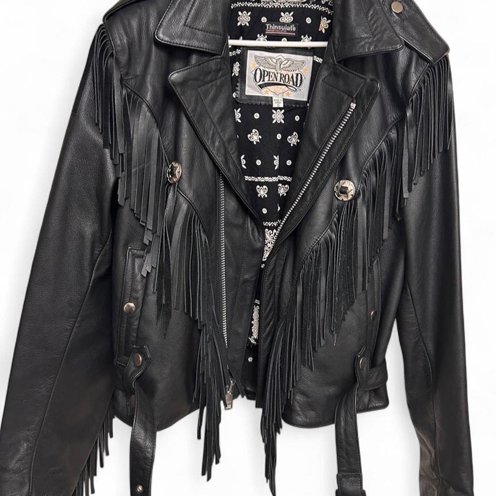 Black leather jacket and chaps women size S with fringe